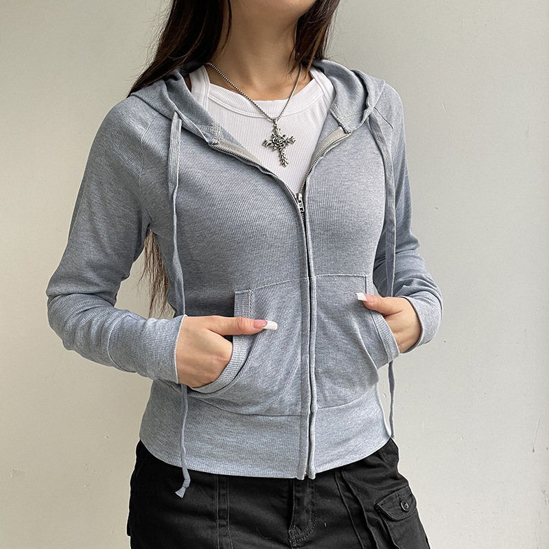 Cardigan Court à Capuche Gris pour Femme avec Fermeture Éclair