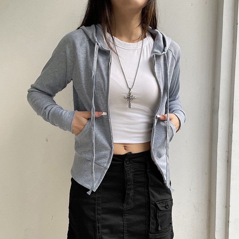 Cardigan Court à Capuche Gris pour Femme avec Fermeture Éclair