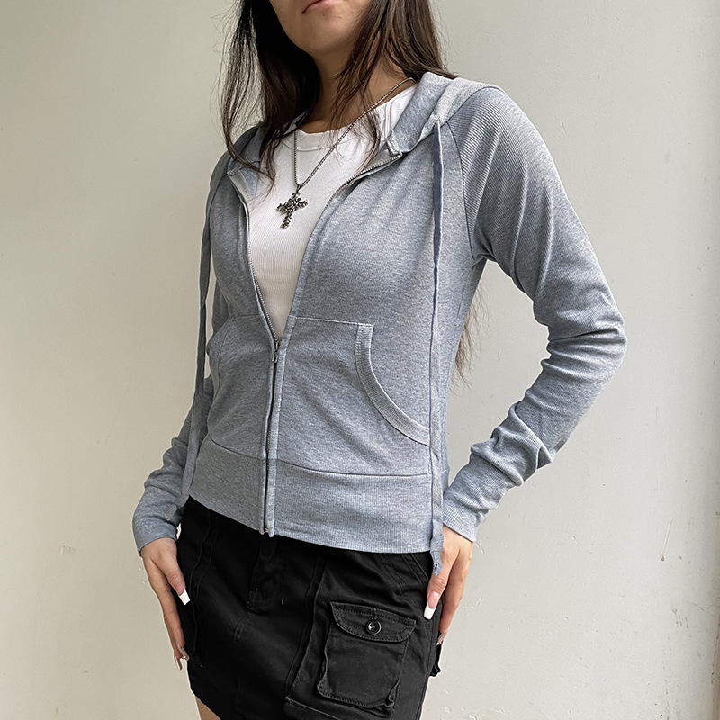 Cardigan Court à Capuche Gris pour Femme avec Fermeture Éclair