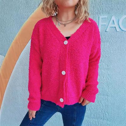 Cardigan Tricoté à Col V, Boutonné, à Manches Longues et en Tissu Seersucker pour Femme - Couleur Unie