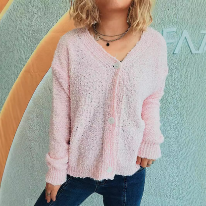 Cardigan Tricoté à Col V, Boutonné, à Manches Longues et en Tissu Seersucker pour Femme - Couleur Unie