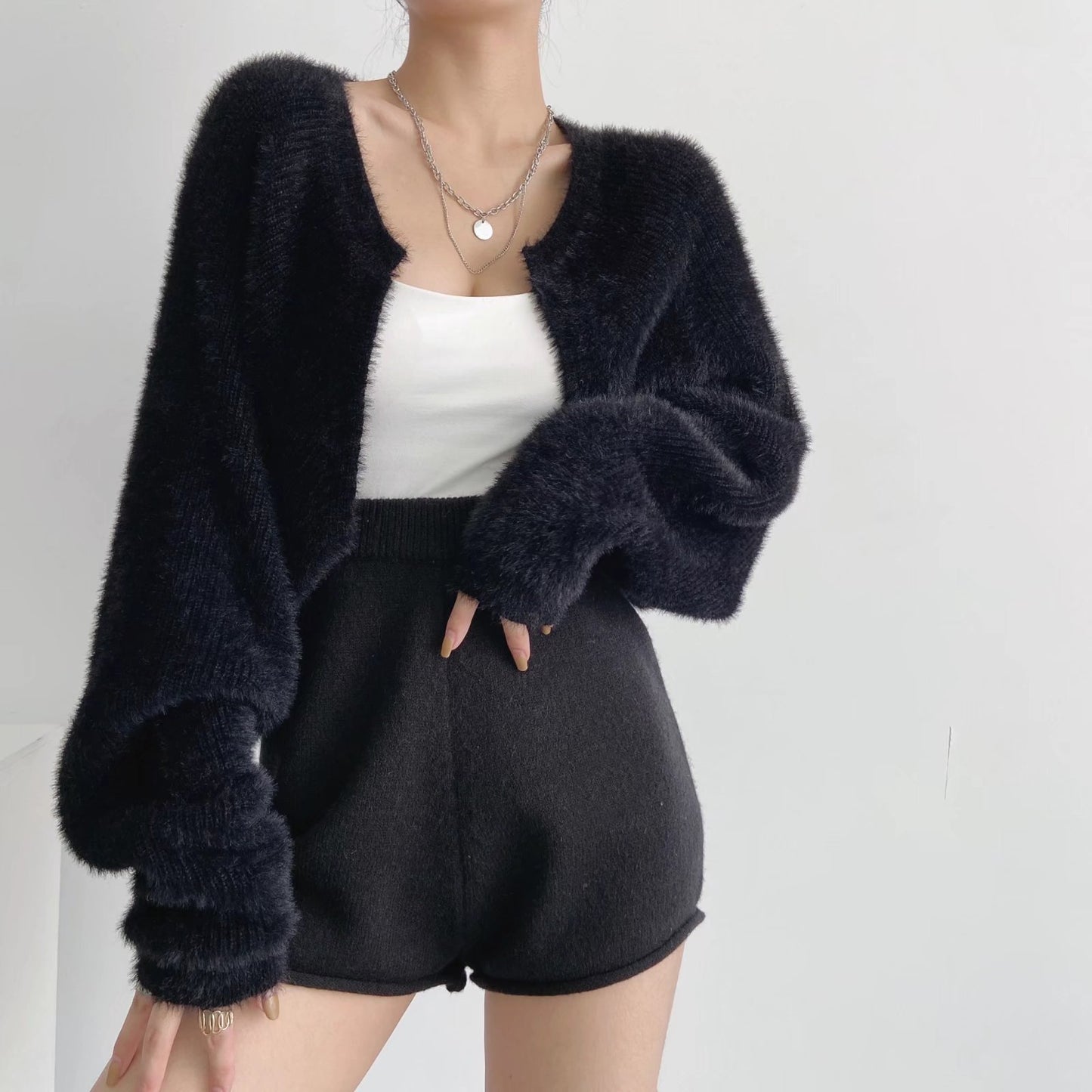 Blouse Pull à Manches Longues en Fausse Fourrure