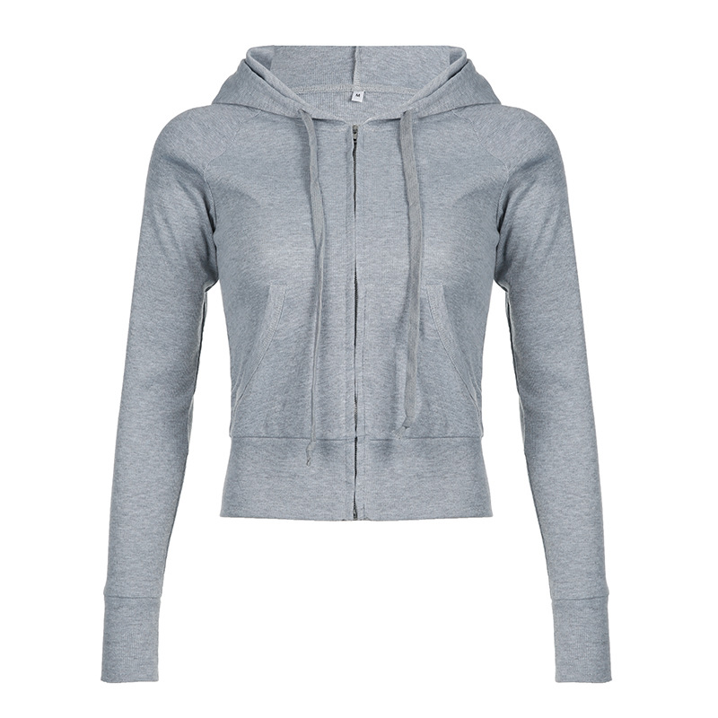 Cardigan Court à Capuche Gris pour Femme avec Fermeture Éclair