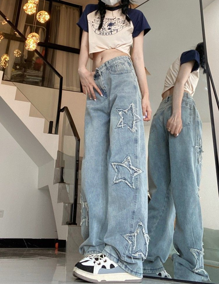 Baggy jeans with star design for women | High waist 0