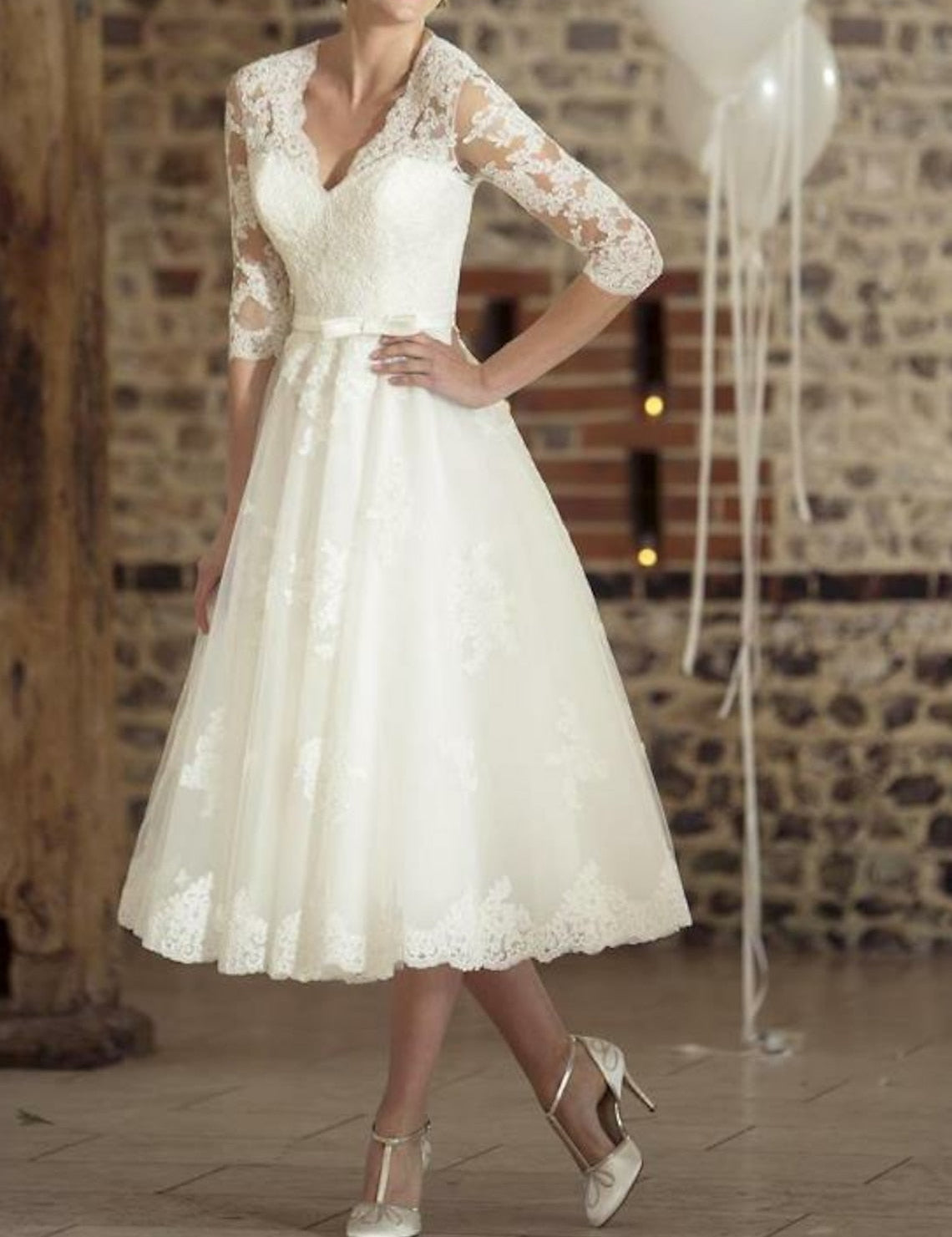 4 Sleeve Midi Wedding Dress 0