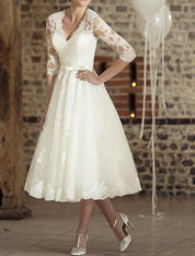 Women's Vintage 3/4 Sleeve Midi Wedding Dress 0